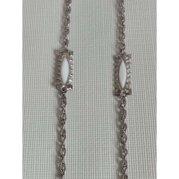 Solid White & Silver Toned Metal Rectangle Accents Long Length Layering Necklace - Picture 5 of 9